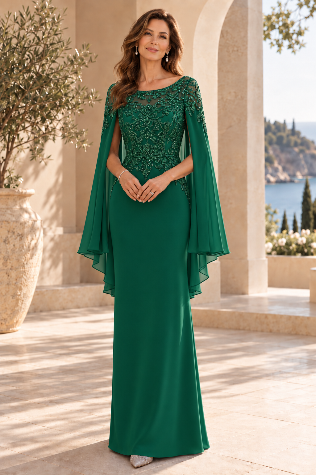 Embroidered Cape Sleeve Floor-Length Gown