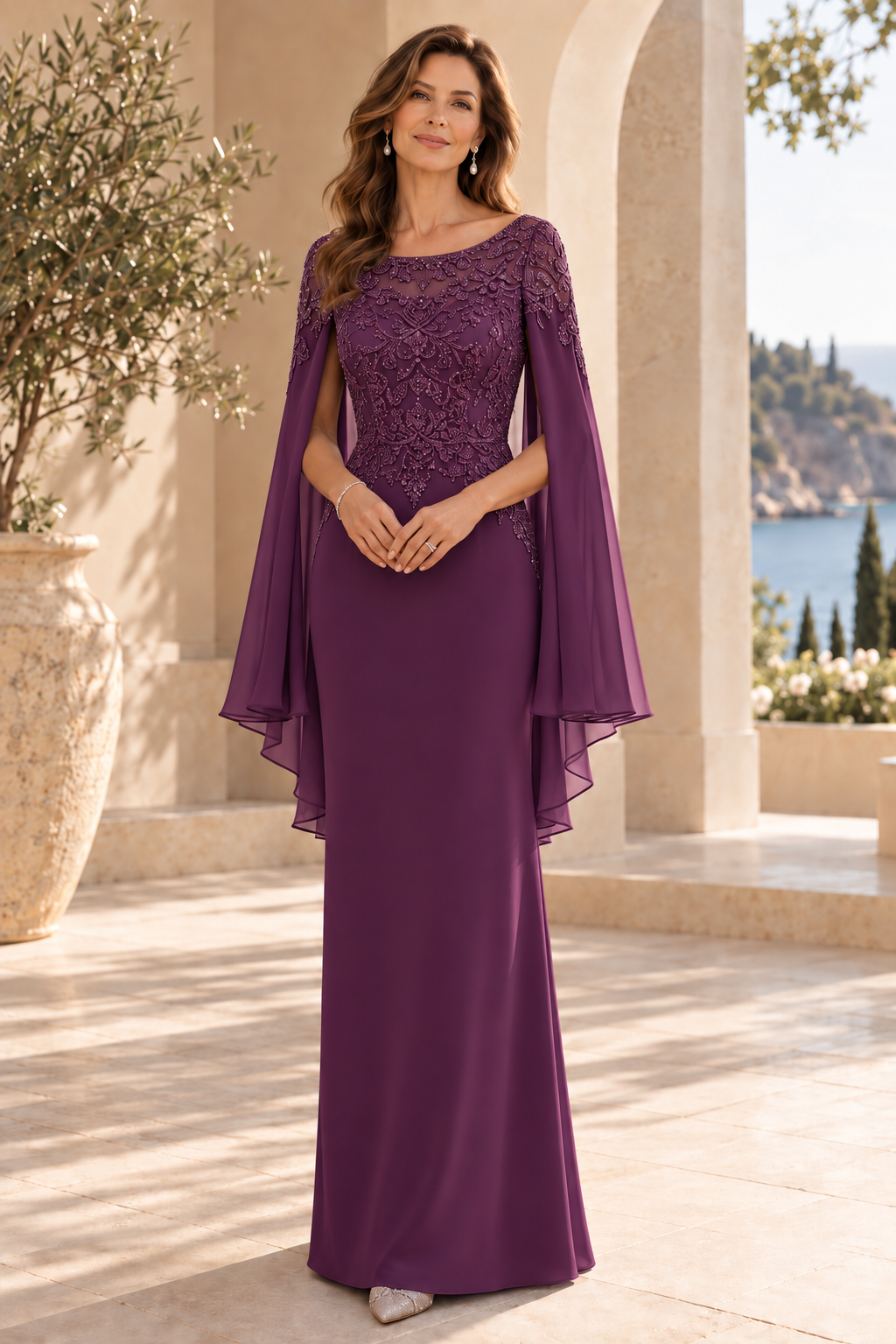 Embroidered Cape Sleeve Floor-Length Gown