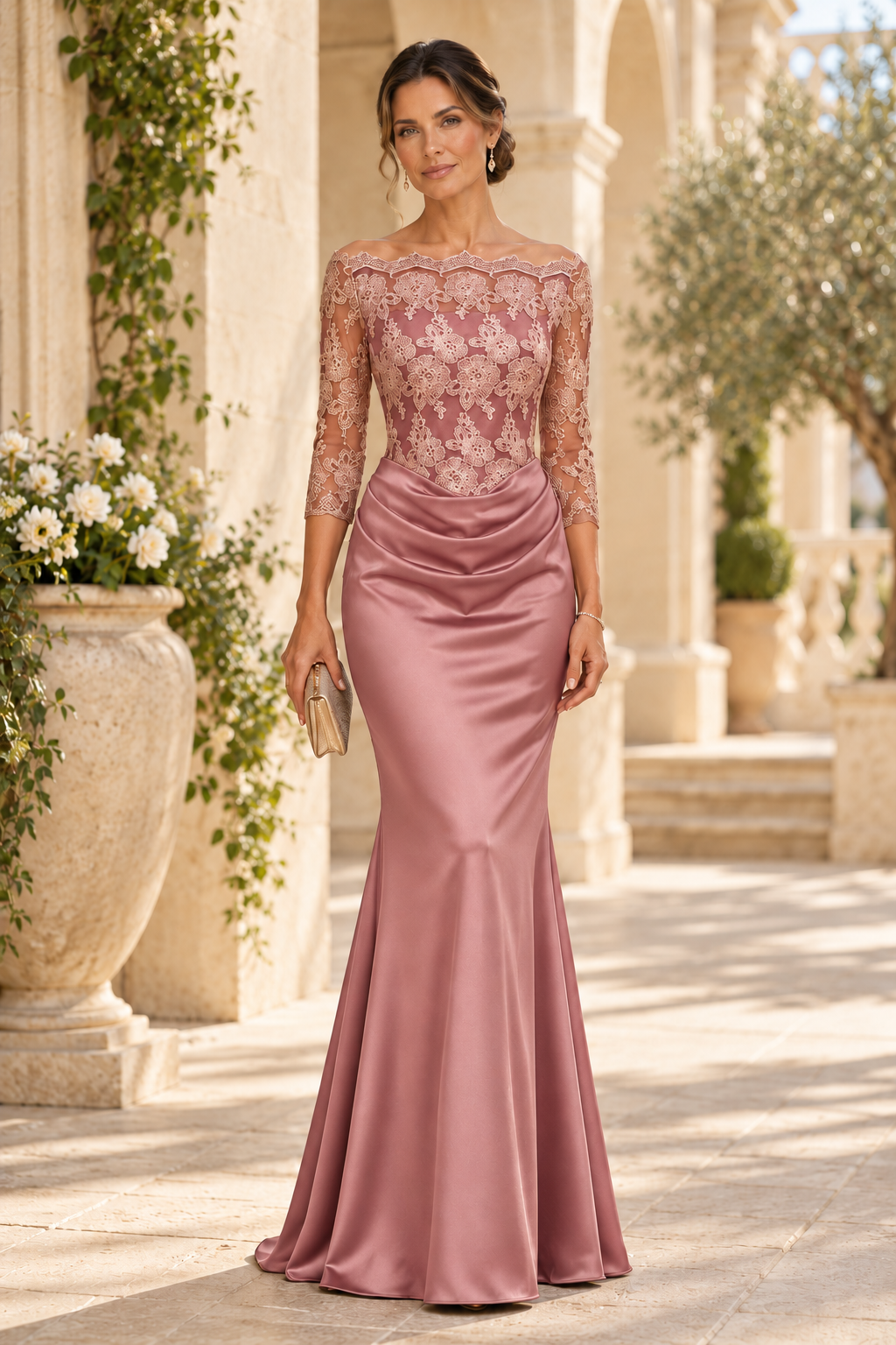 Embroidered Lace Bodice Mermaid Evening Gown