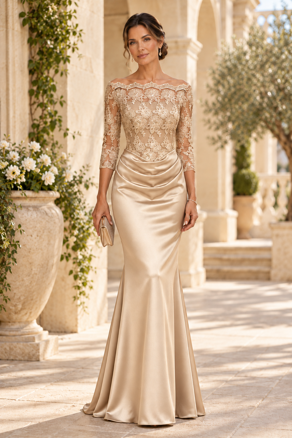 Embroidered Lace Bodice Mermaid Evening Gown