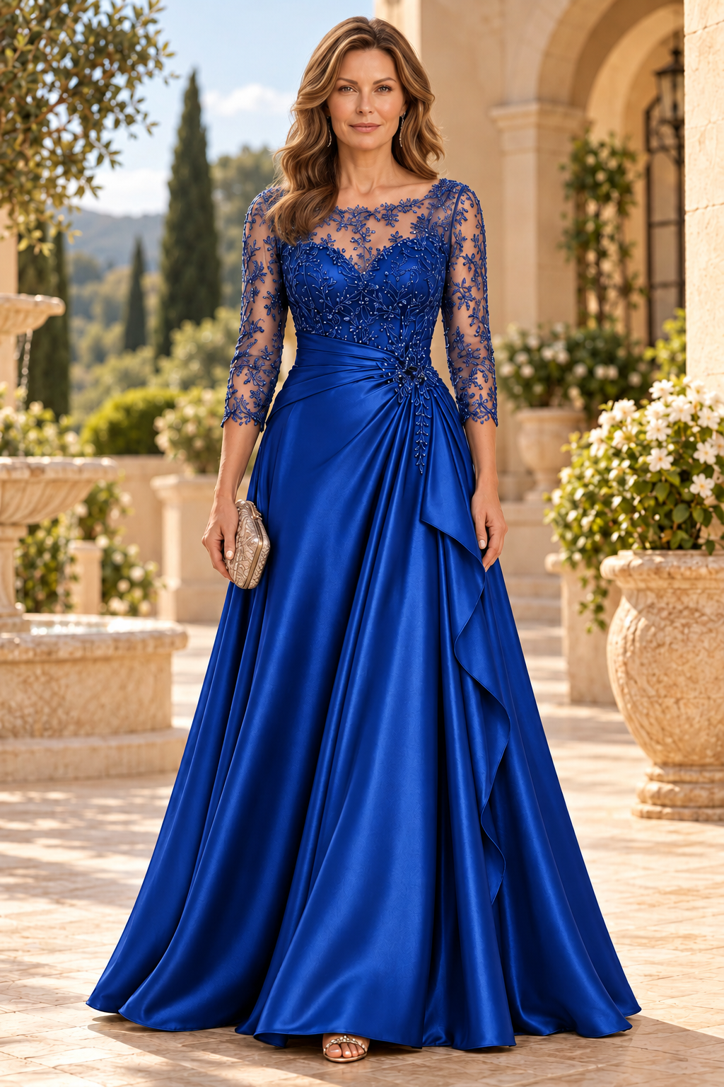 Embroidered Illusion Bodice Satin A-Line Gown