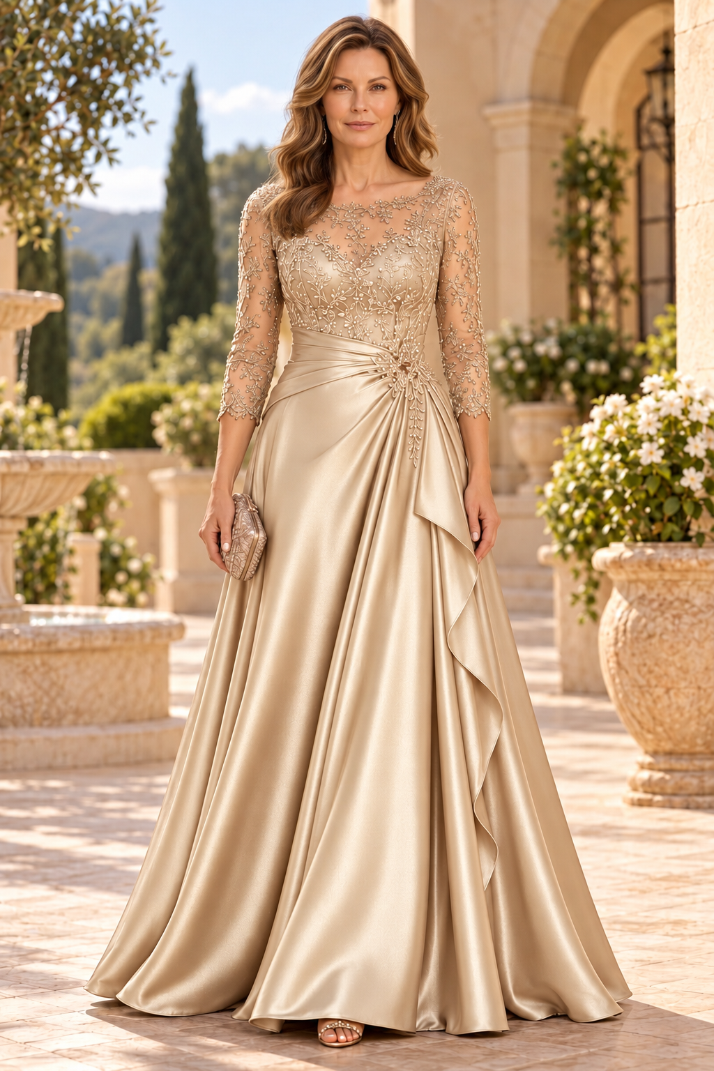 Embroidered Illusion Bodice Satin A-Line Gown
