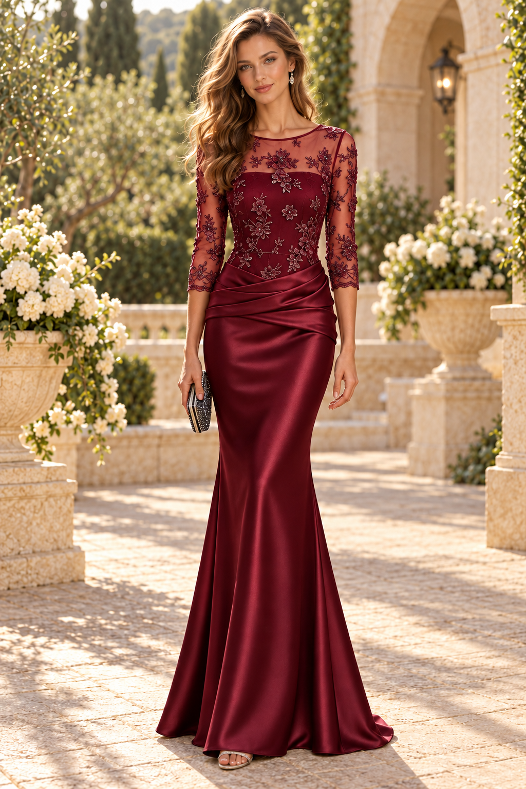 Embroidered Illusion 3/4 Sleeve Satin Mermaid Gown