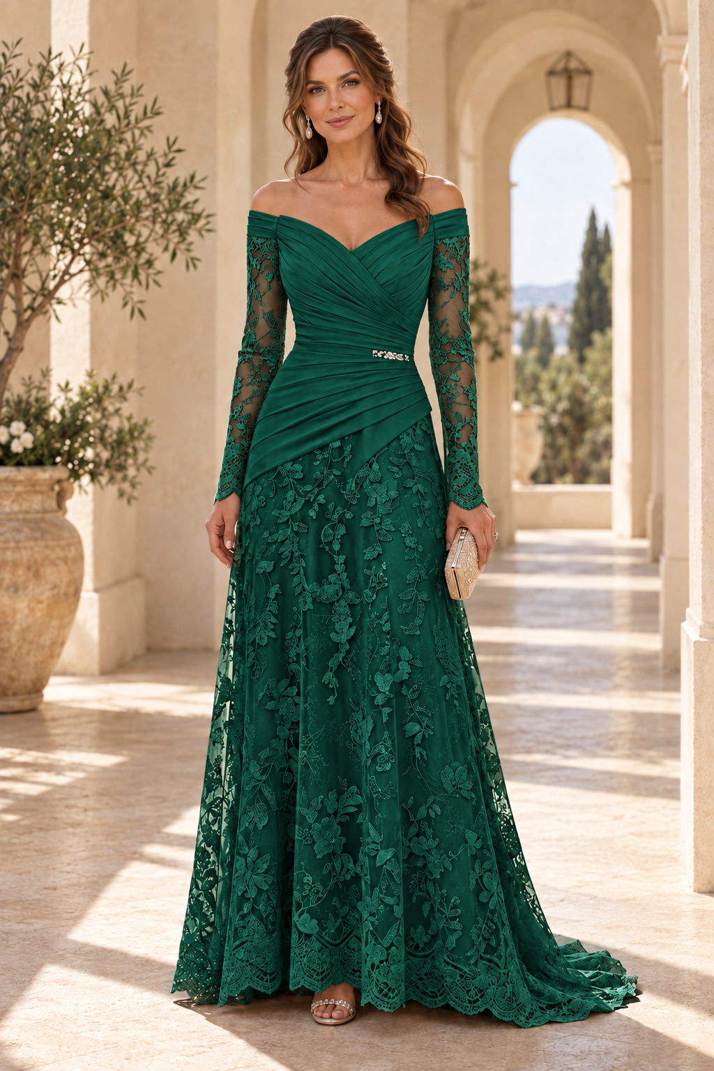 Off-the-Shoulder Ruched Bodice Lace Gown