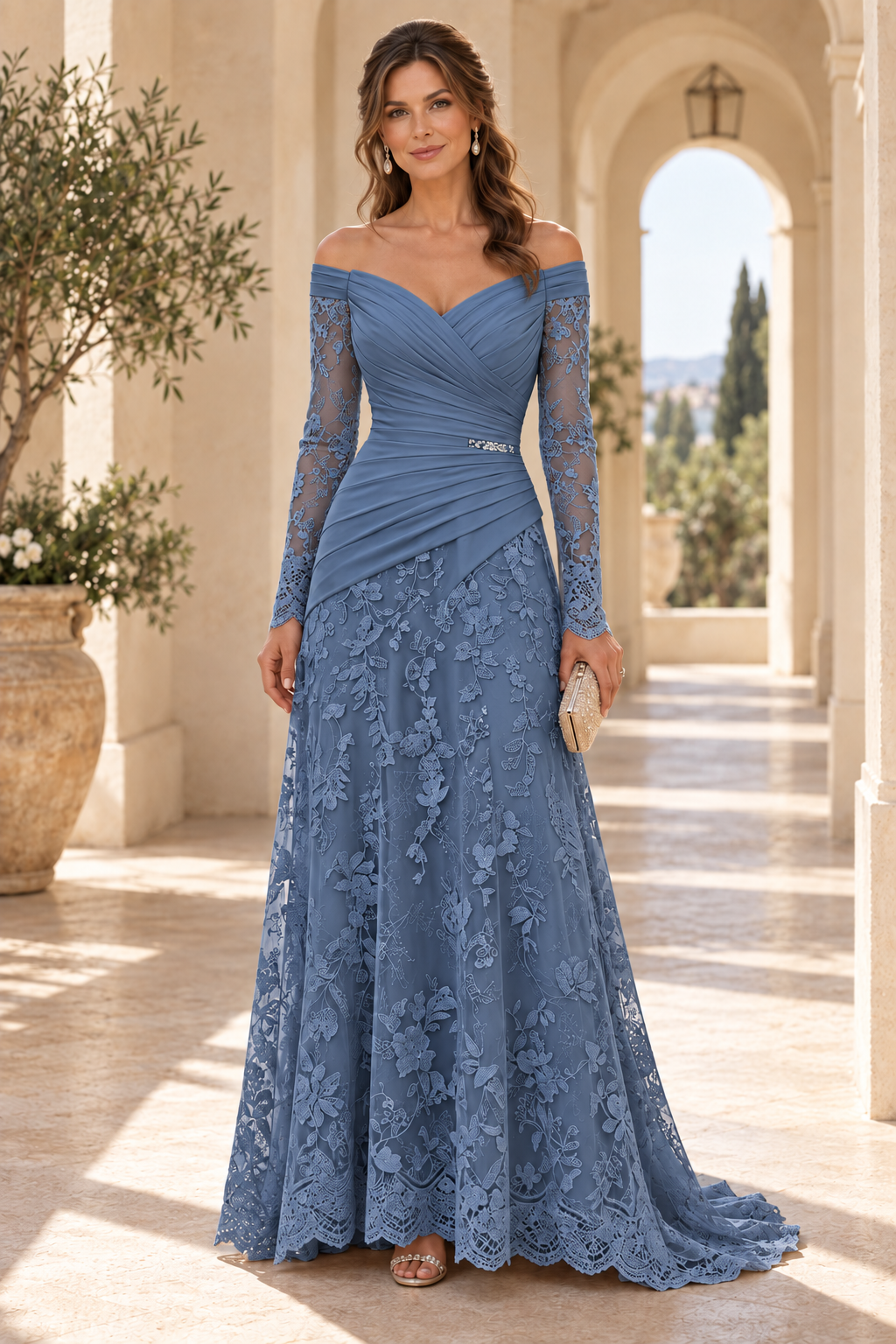 Off-the-Shoulder Ruched Bodice Lace Gown