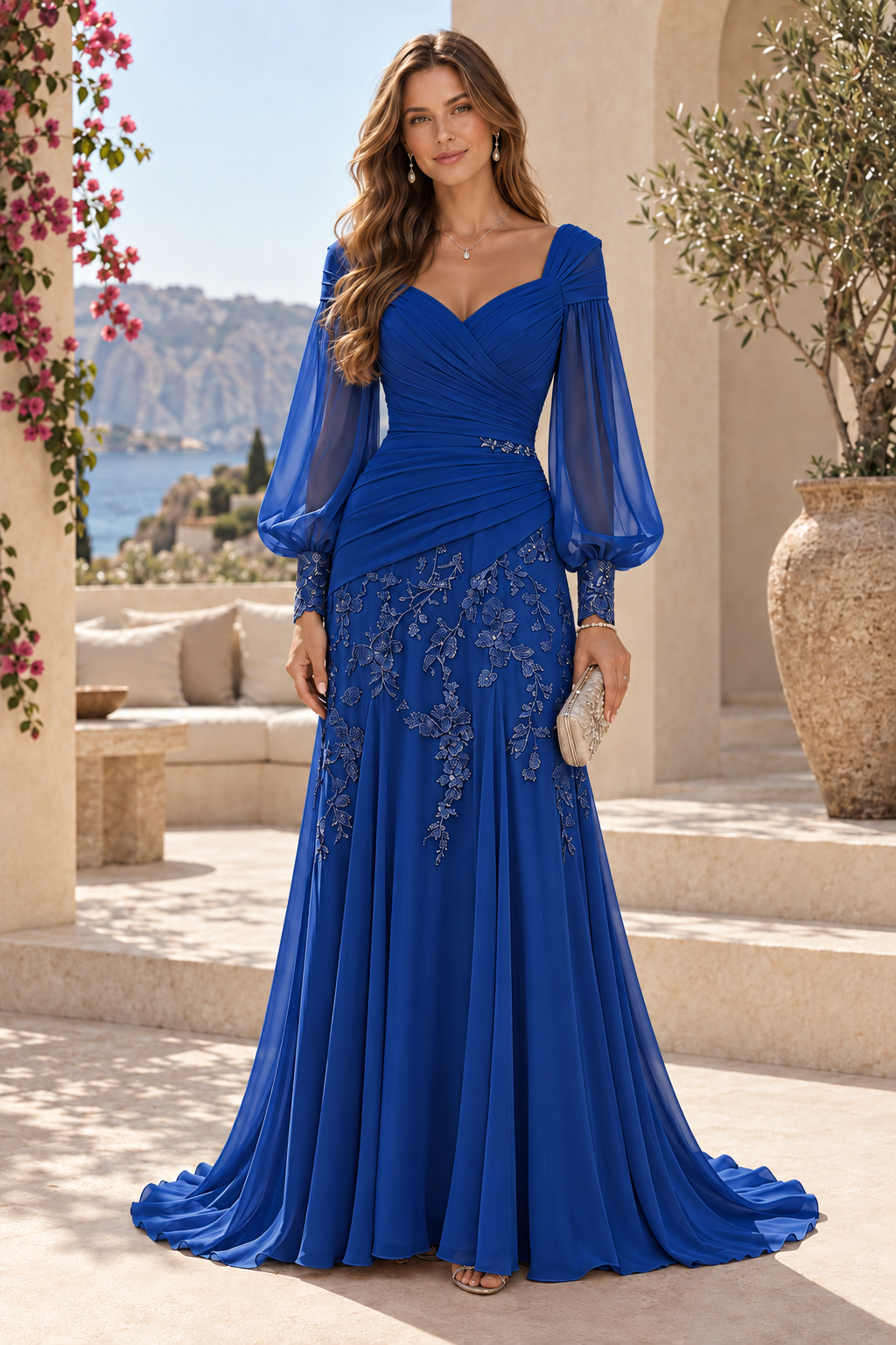 Ruched Bodice Bishop Sleeve Lace Applique Gown