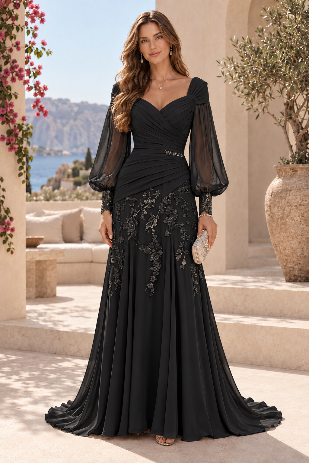 Ruched V-Neck Gown with Bishop Sleeves and Lace