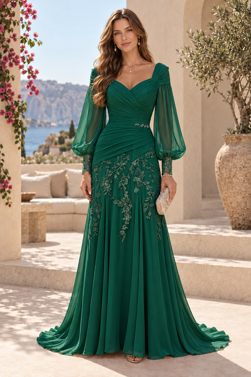 Ruched V-Neck Gown with Bishop Sleeves and Lace