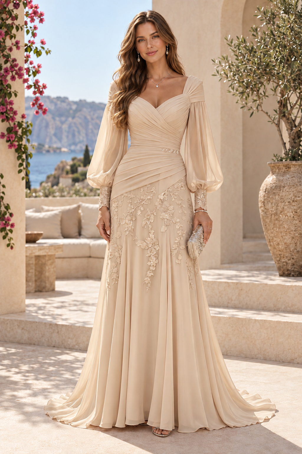 Ruched V-Neck Gown with Bishop Sleeves and Lace