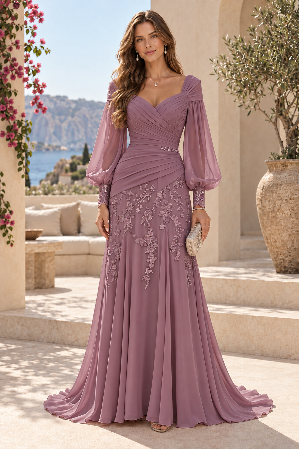 Ruched V-Neck Gown with Bishop Sleeves and Lace