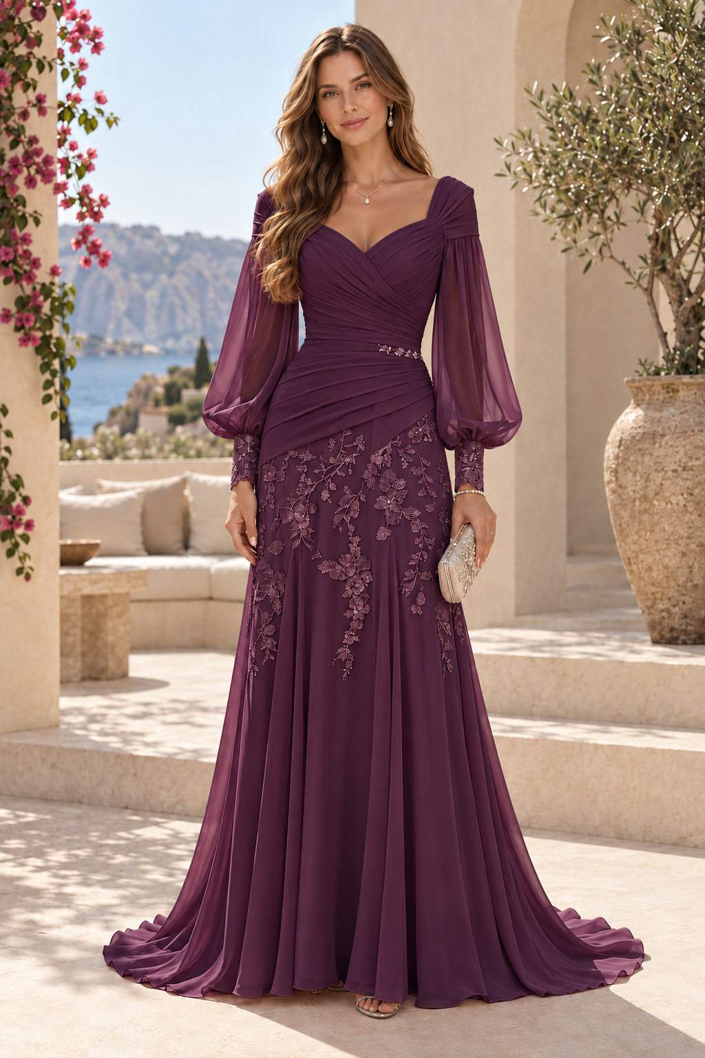 Ruched Bodice Bishop Sleeve Lace Applique Gown