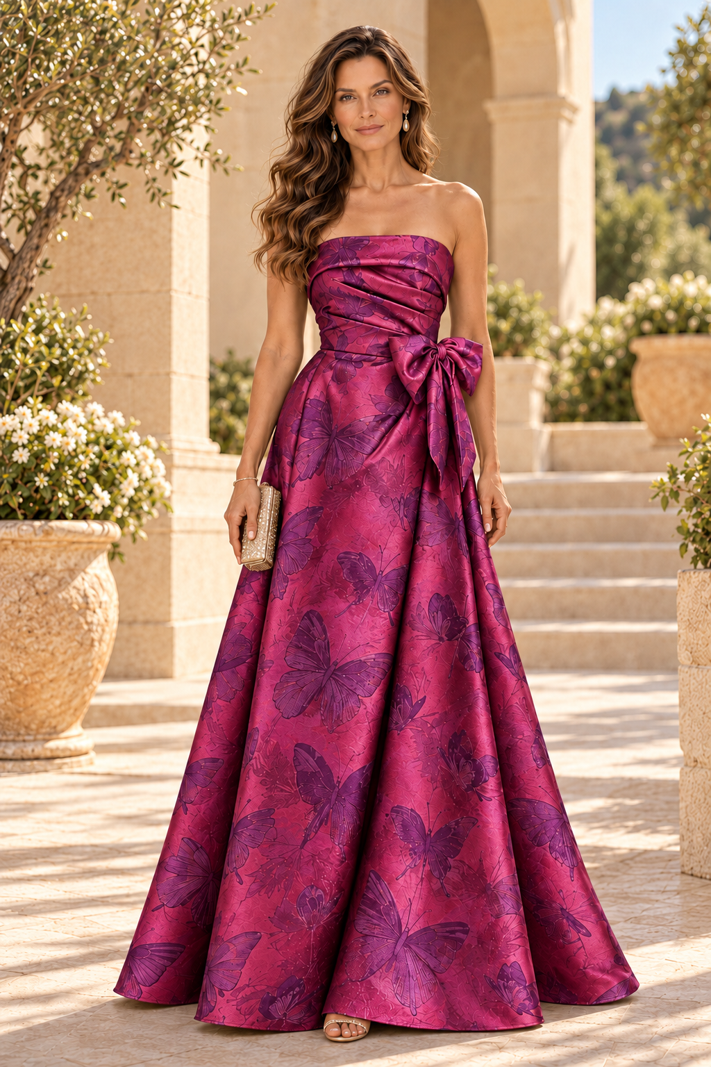 Strapless Butterfly Jacquard A-Line Gown