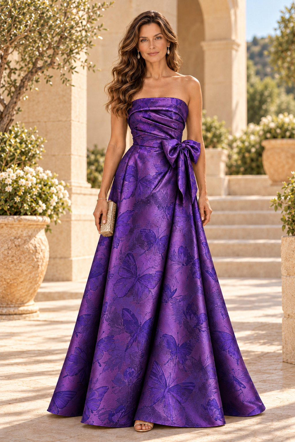 Strapless Butterfly Jacquard A-Line Gown