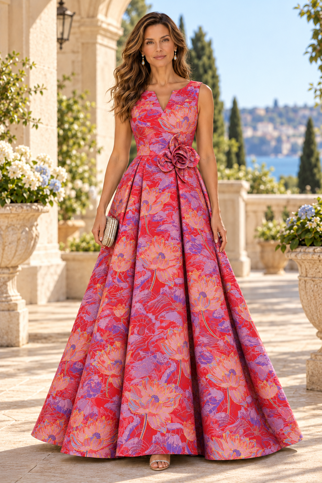 Floral Jacquard A-Line Gown with 3D Flower