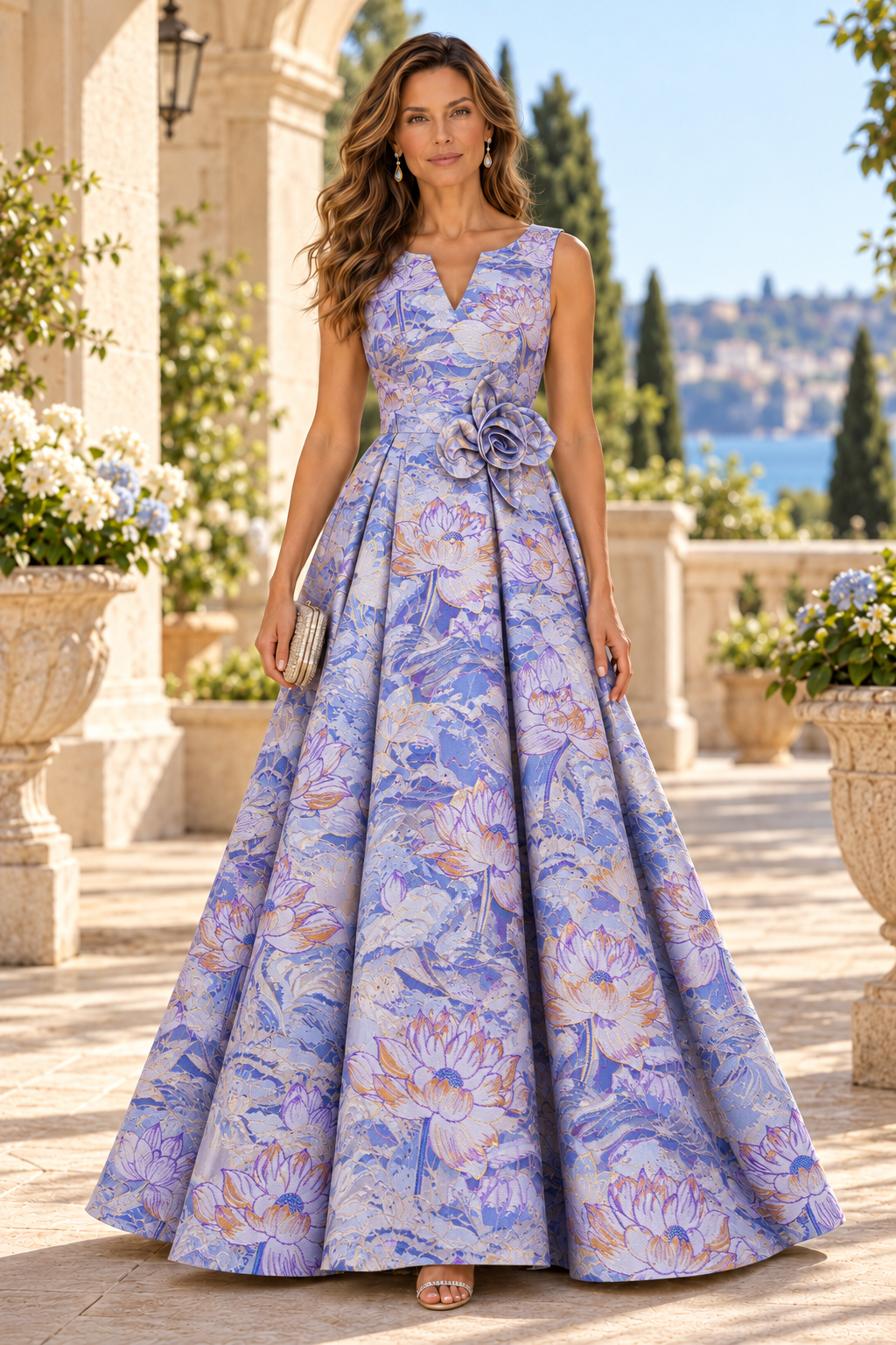 Floral Jacquard A-Line Gown with 3D Flower