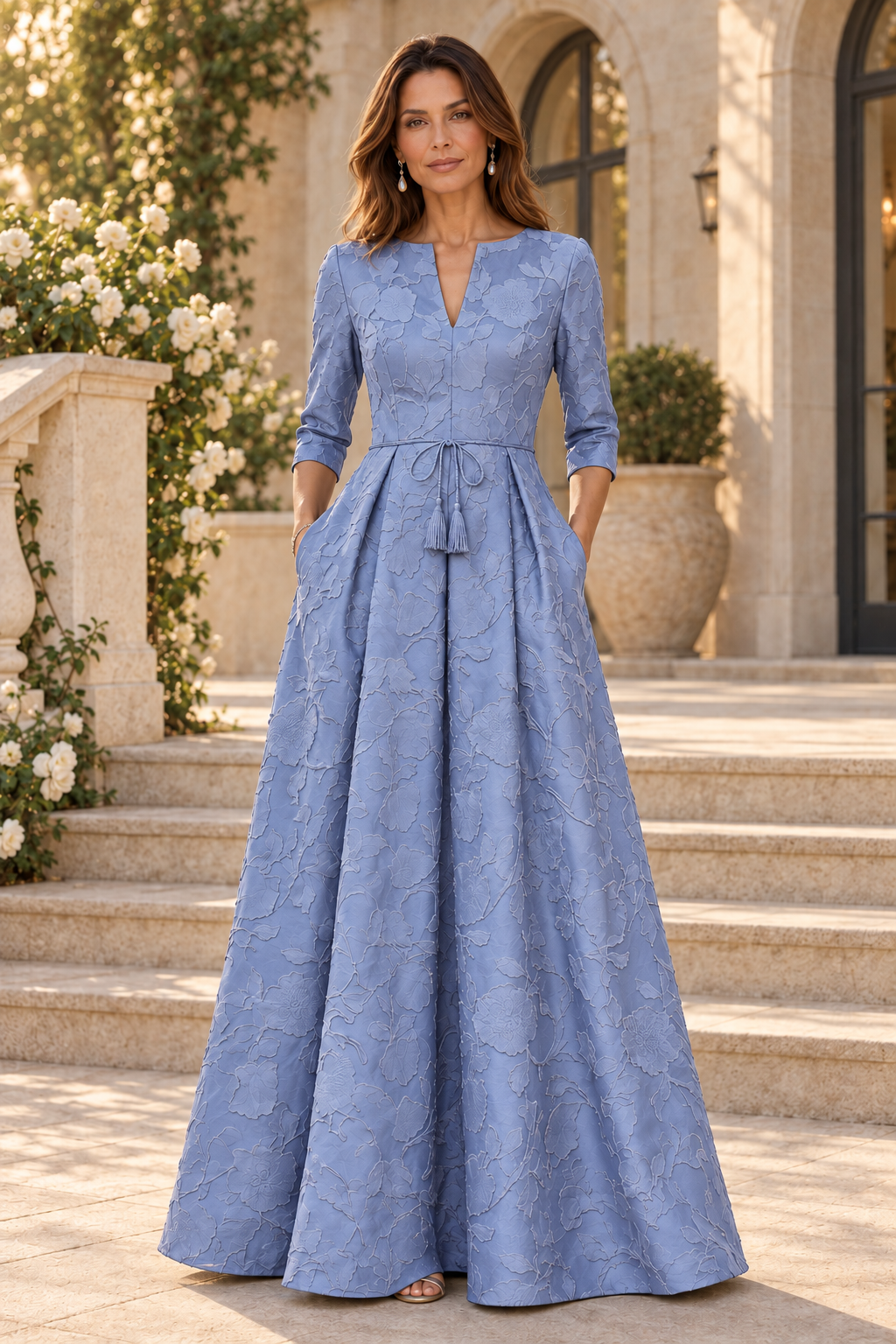 Jacquard A-Line Gown with 3/4 Sleeves