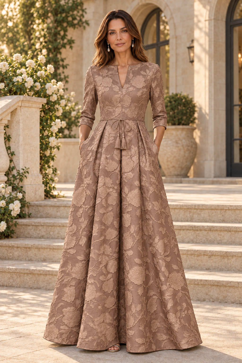 Jacquard A-Line Gown with 3/4 Sleeves