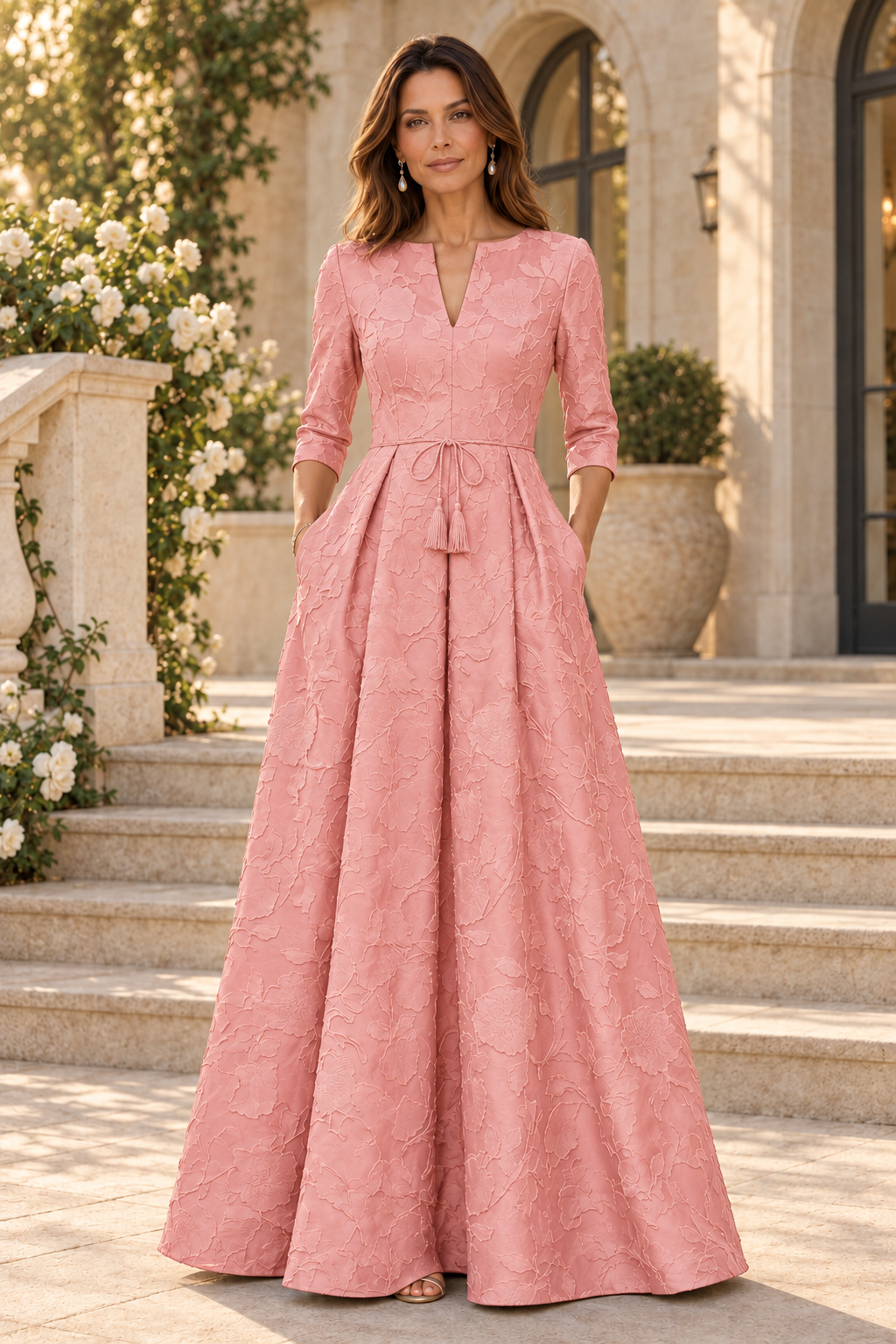 Jacquard A-Line Gown with 3/4 Sleeves