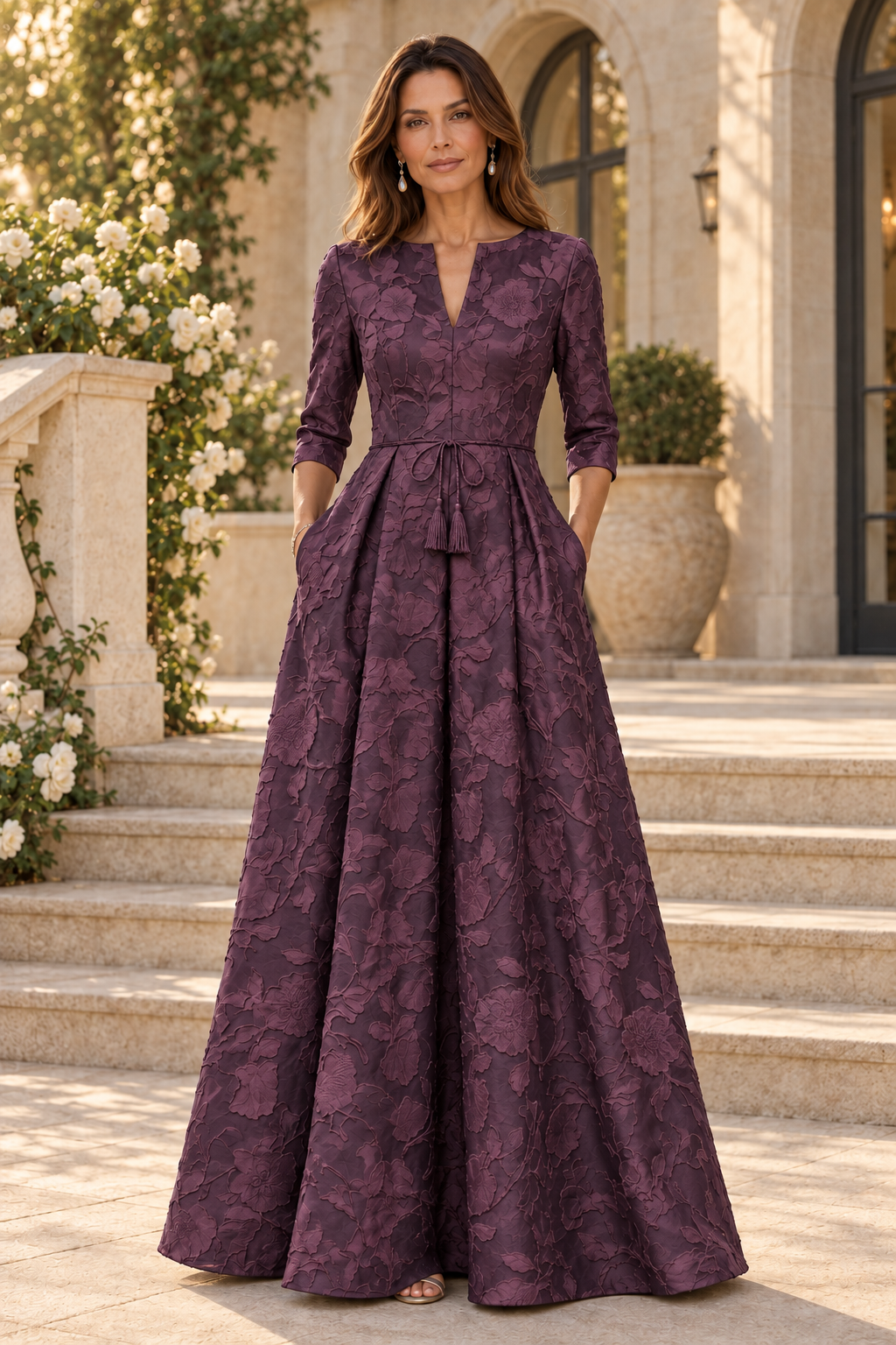 Jacquard A-Line Gown with 3/4 Sleeves