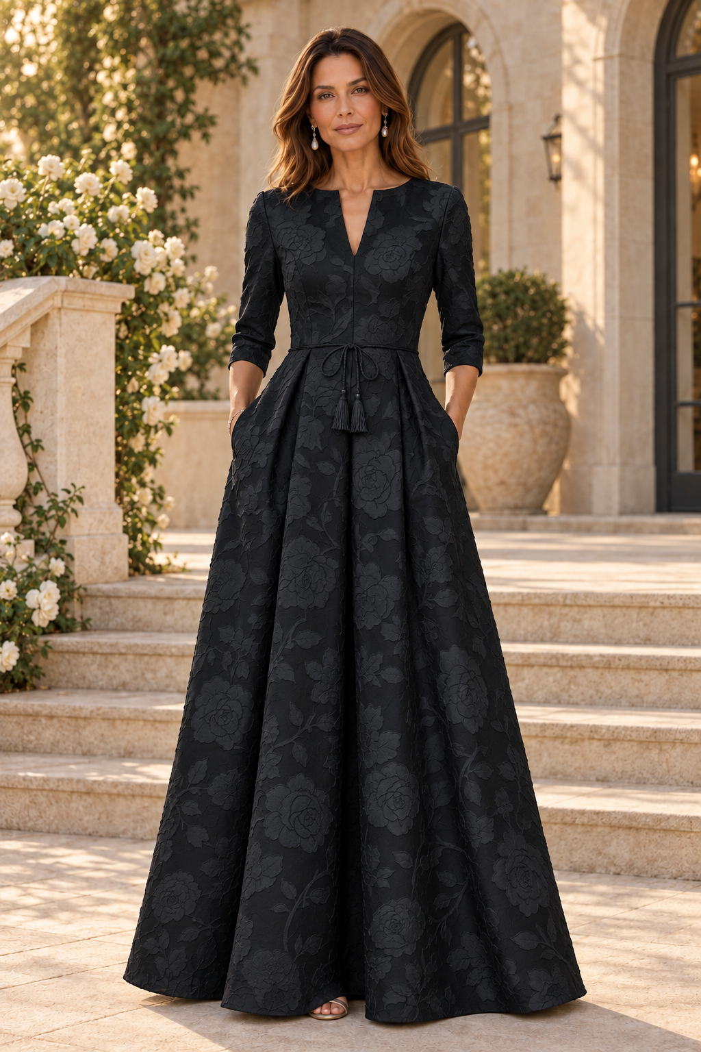Jacquard A-Line Gown with 3/4 Sleeves