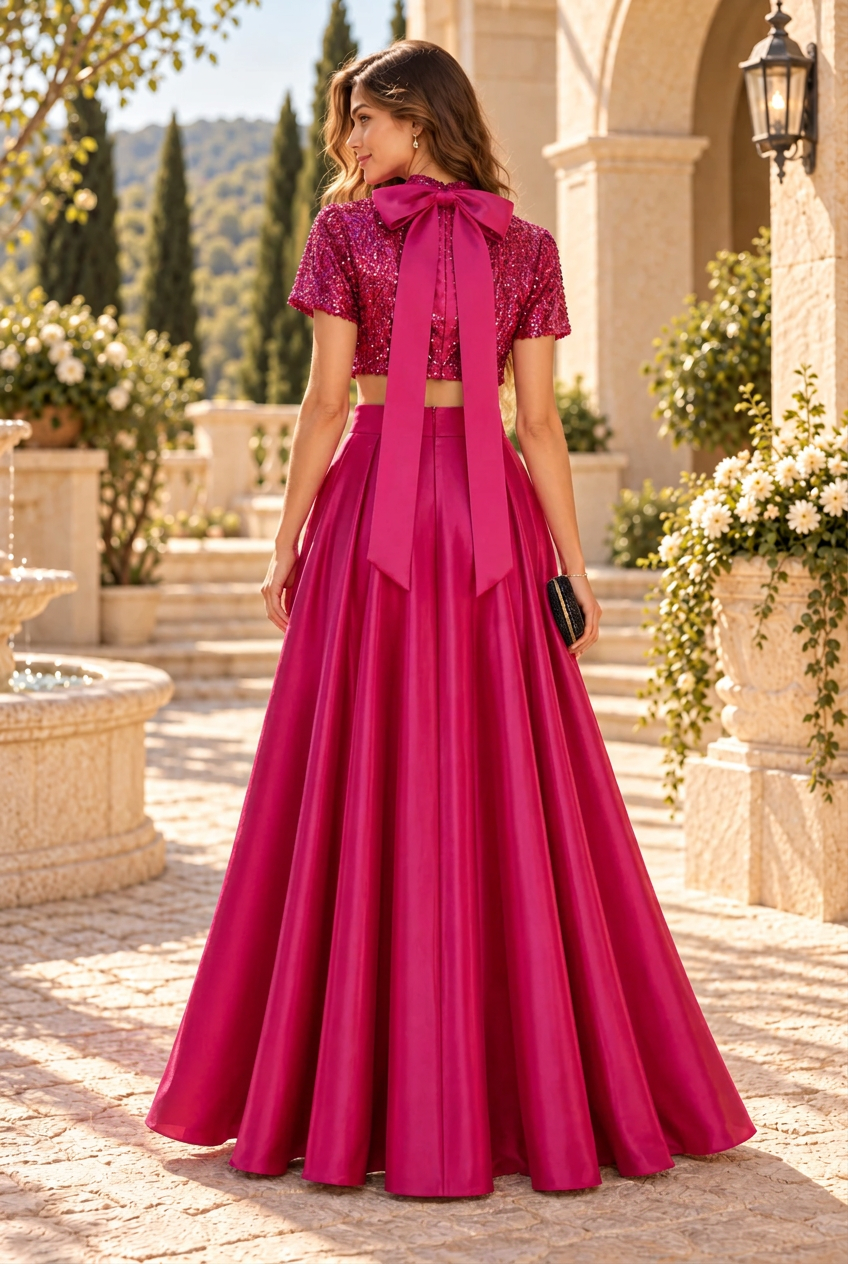 Sequin Crop Top Gown with Dual Slit Skirt