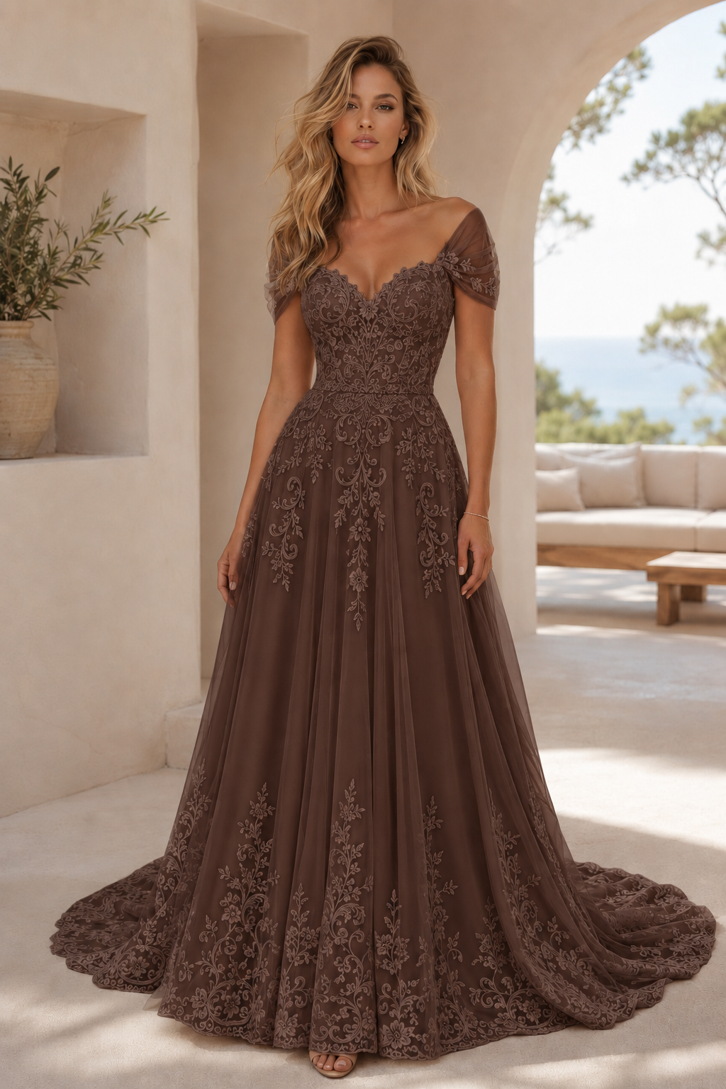 A-Linien-Brautkleid mit Spitzenapplikationen und schulterfreiem Dekolleté