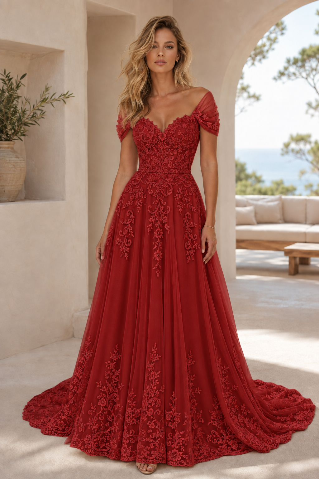 A-Linien-Brautkleid mit Spitzenapplikationen und schulterfreiem Dekolleté