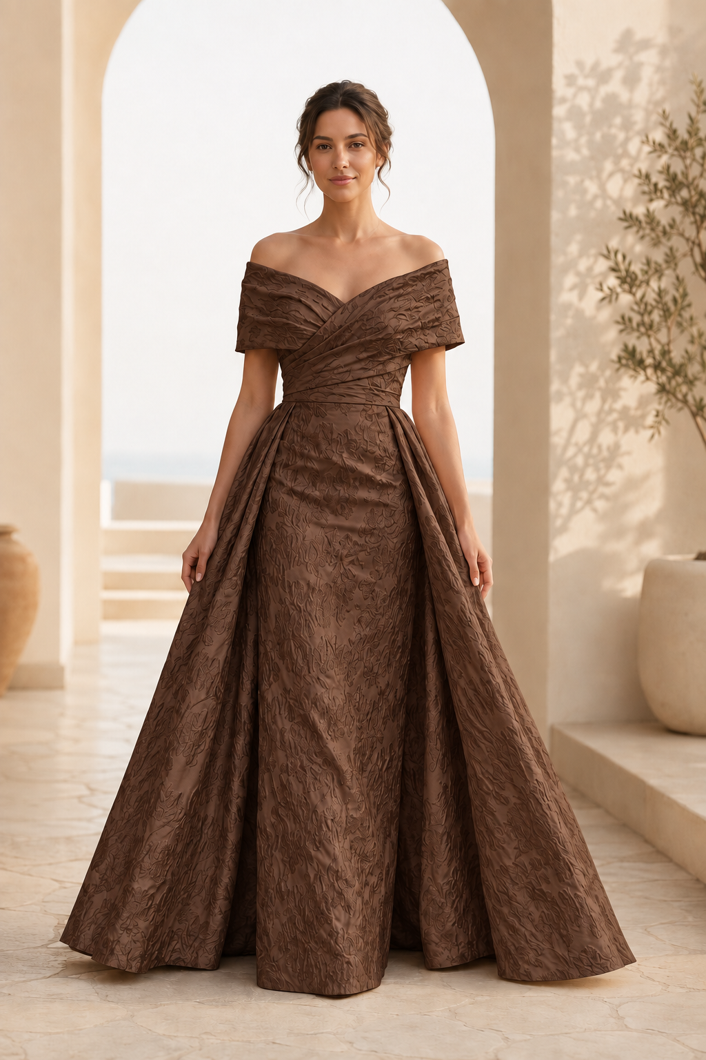 Off-Shoulder Jacquard A-Linien-Kleid mit plissiertem Oberteil