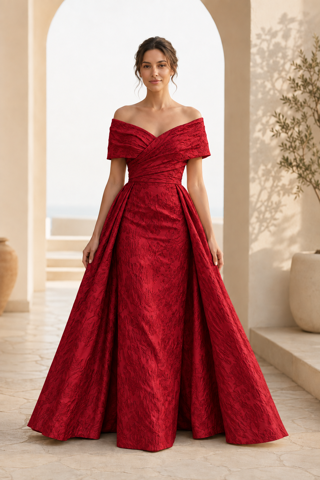 Off-Shoulder Jacquard A-Linien-Kleid mit plissiertem Oberteil