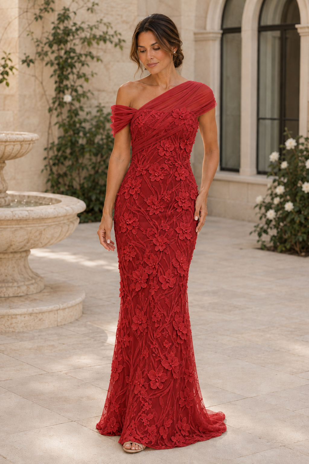 One-Shoulder 3D Floral Lace Mermaid Gown