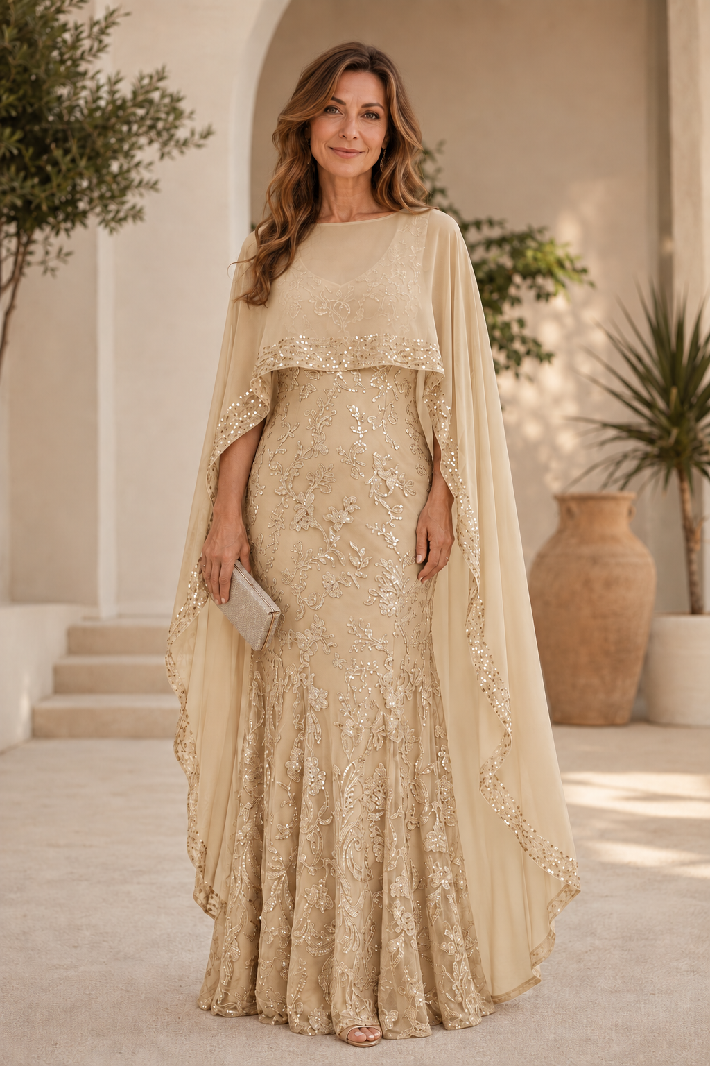 Besticktes Pailletten-Abendkleid mit Capelet