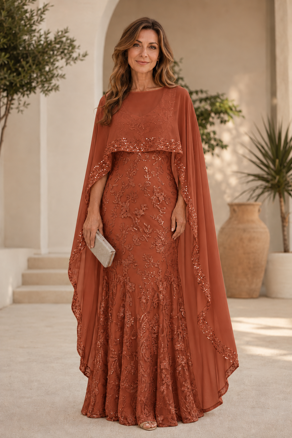 Besticktes Pailletten-Abendkleid mit Capelet
