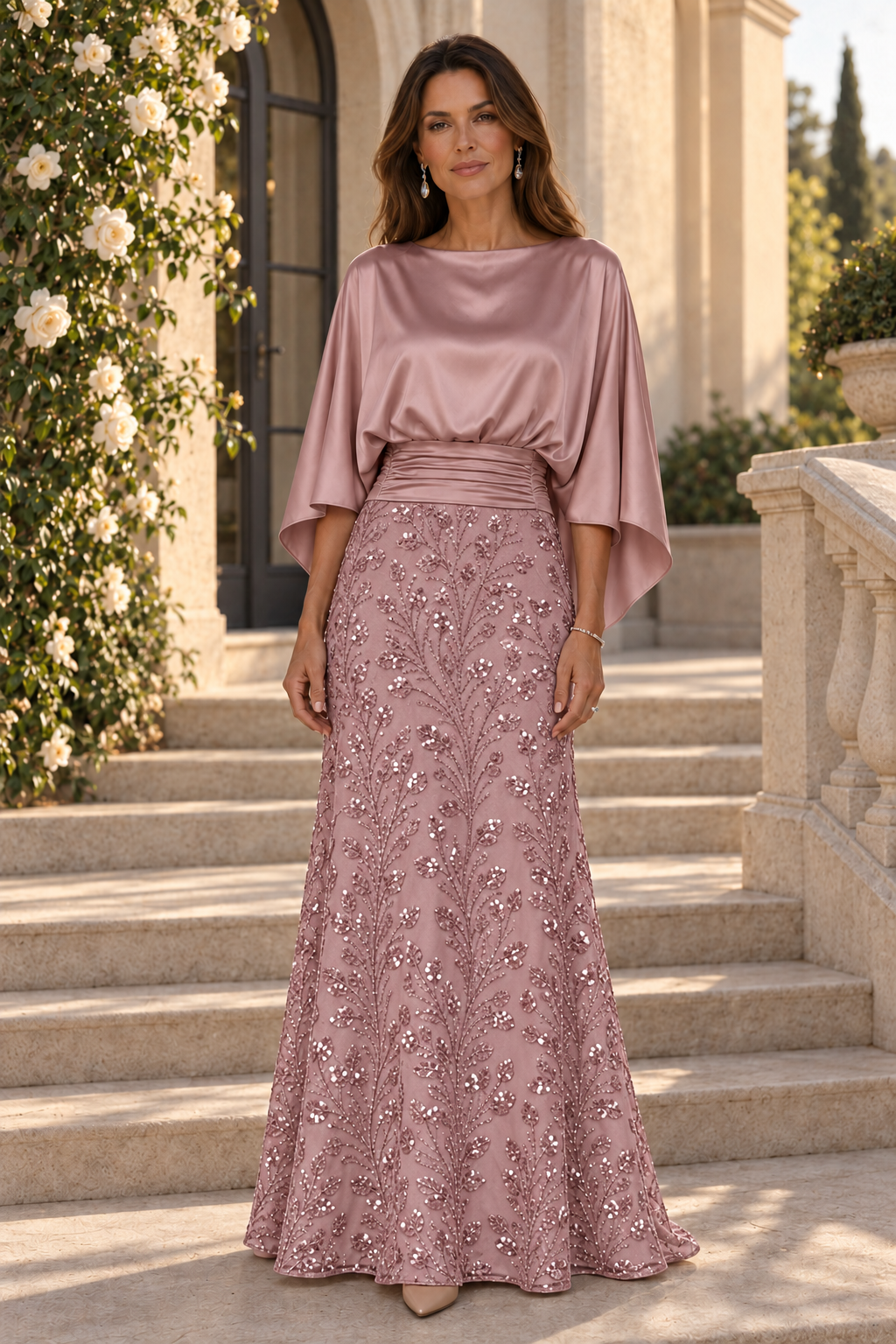 Satin Capelet Bodice Gown with Sequin Skirt