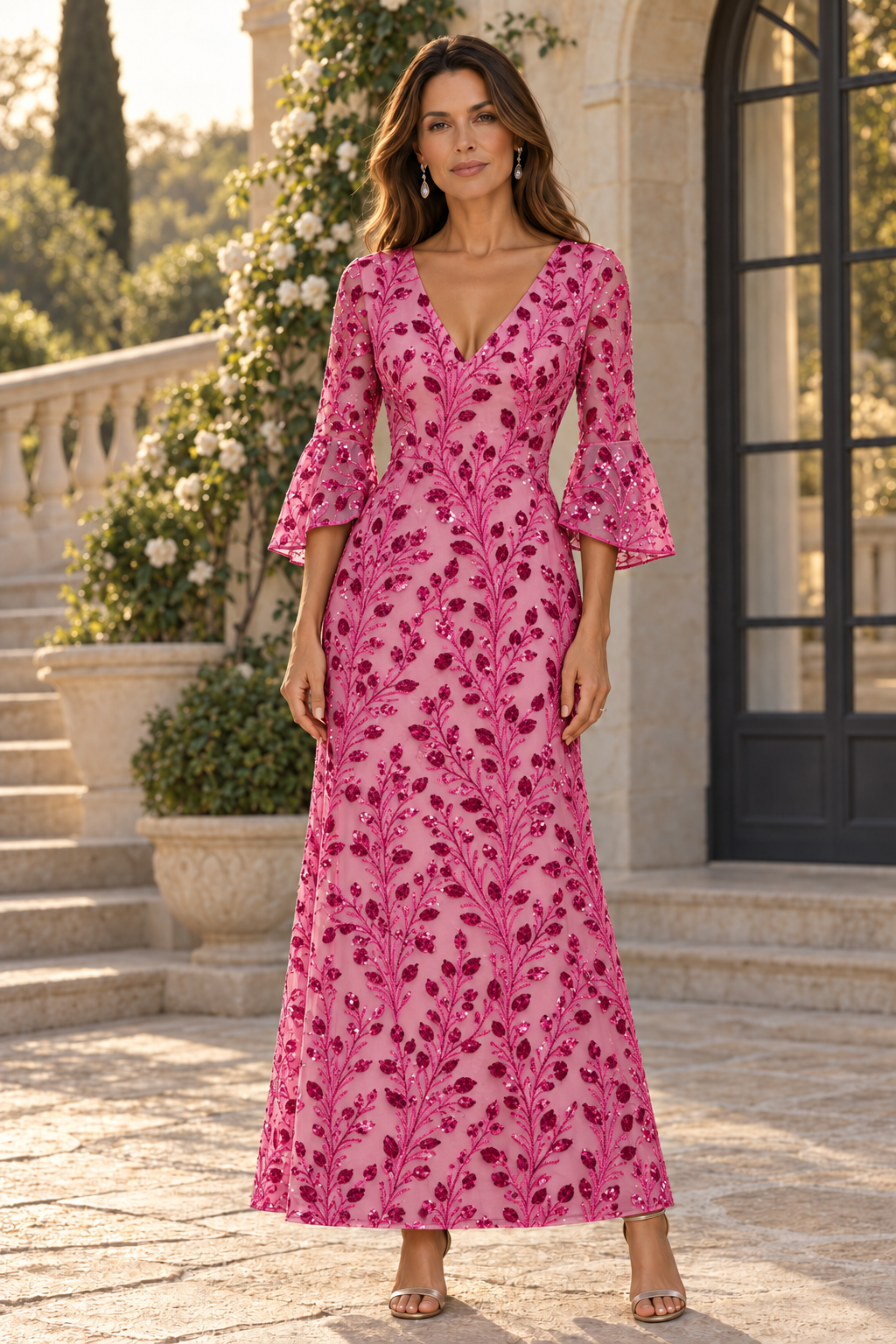 Sequin Bell Sleeve V-Neck A-Line Maxi Dress
