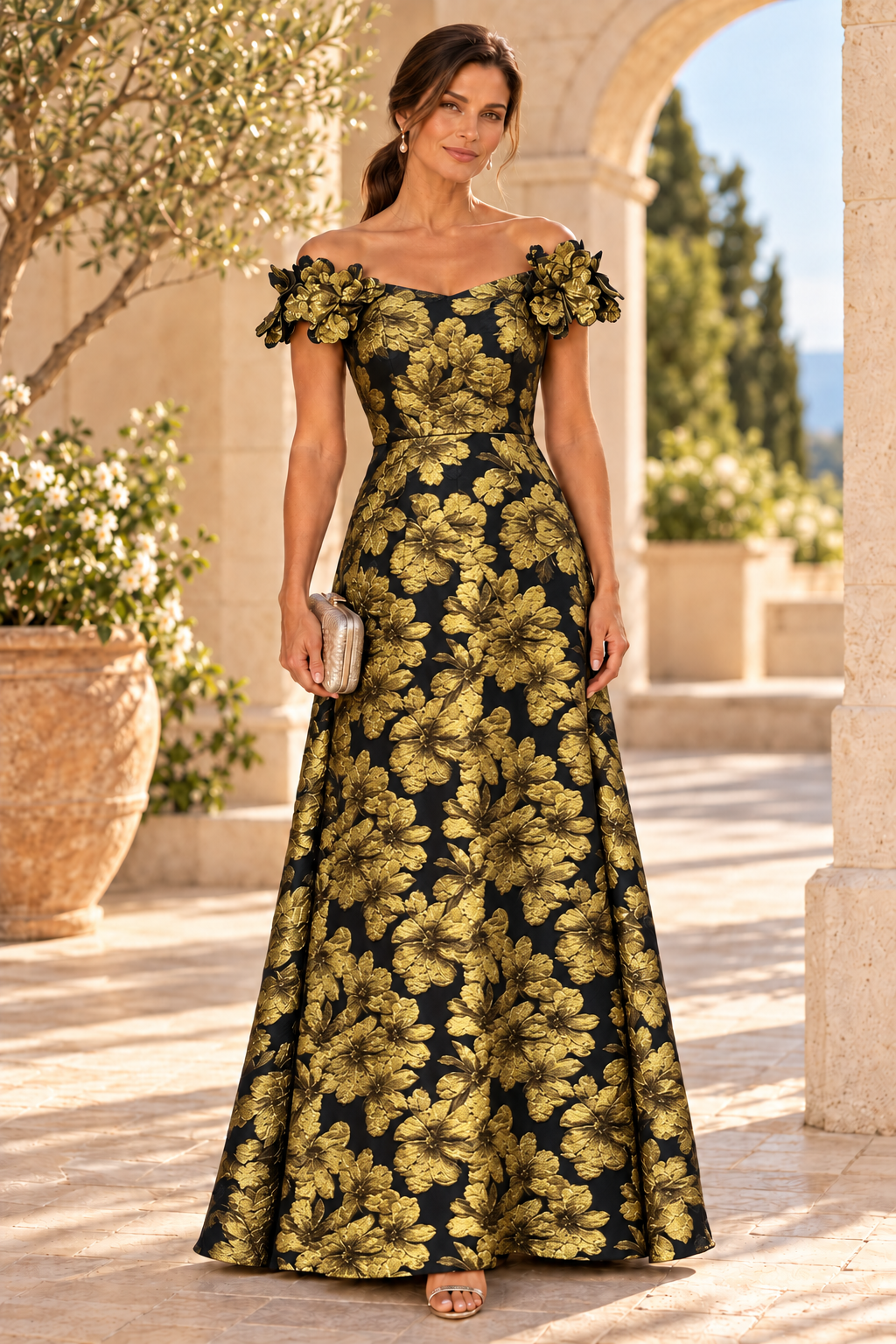 Floral Jacquard Off-Shoulder Gown with 3D Flowers