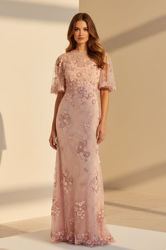Abendkleid mit 3D-Blumenapplikationen und Flügärmeln