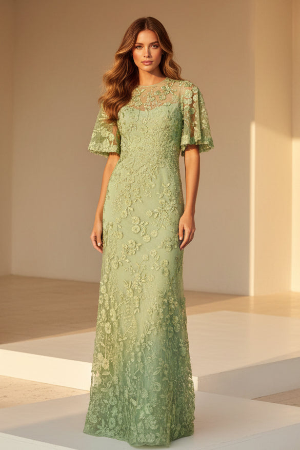 Abendkleid mit 3D-Blumenapplikationen und Flügärmeln