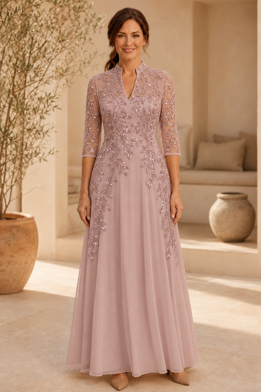 Abendkleid mit Perlenstickerei, A-Linie und 3/4-Ärmeln