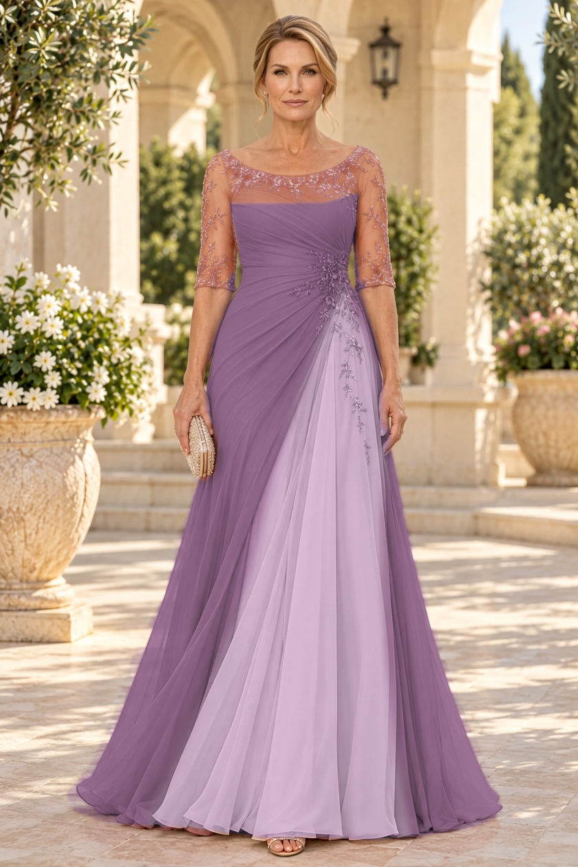 Ruched A-Line Gown with Floral Appliques