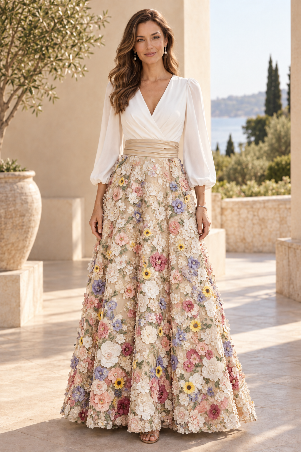 V-Neck Long Sleeve 3D Floral Applique Gown
