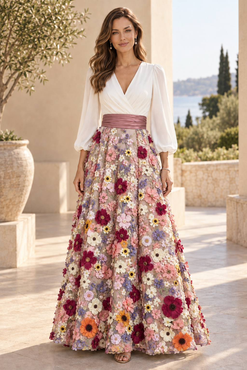 V-Neck Long Sleeve 3D Floral Applique Gown
