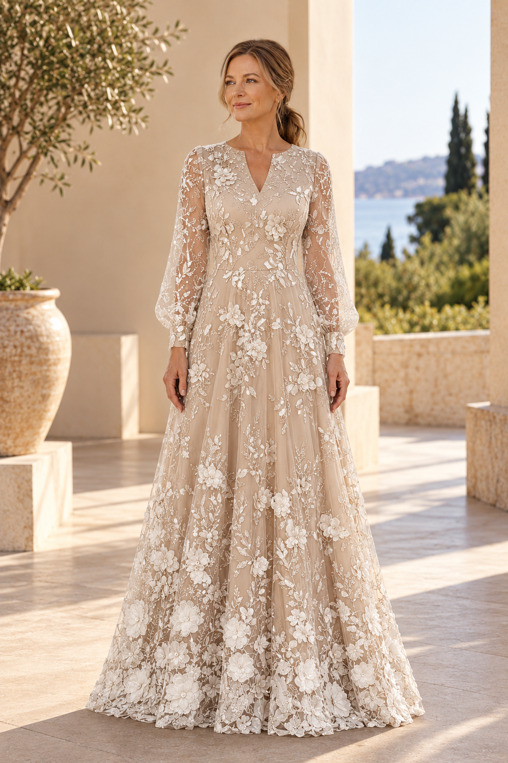 Langärmeliges A-Linien-Kleid aus Spitze mit floralen 3D-Applikationen