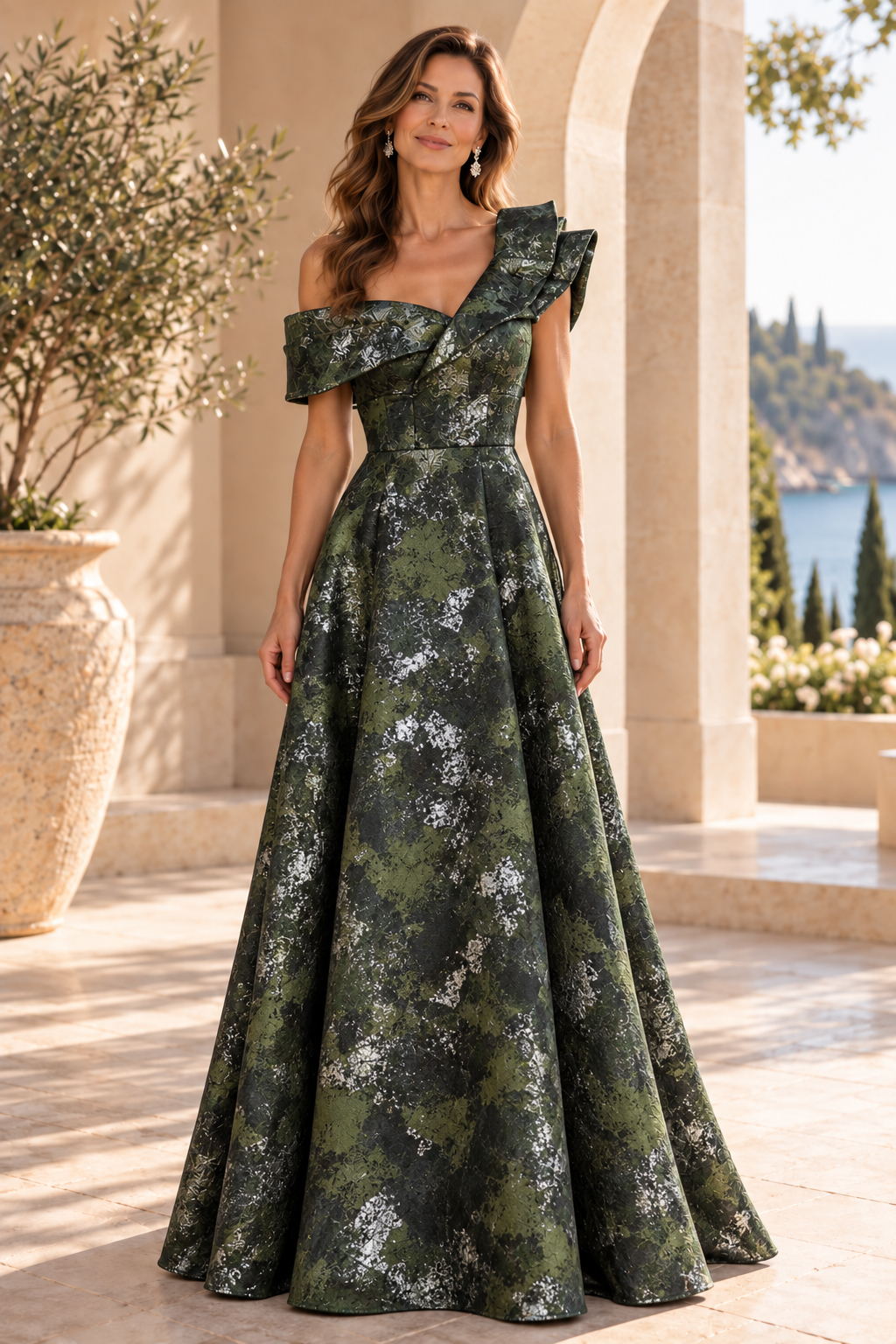 Metallic Jacquard Asymmetric A-Line Evening Gown