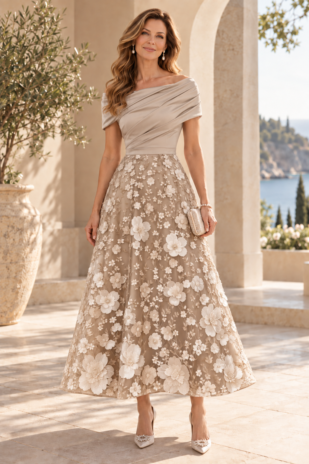 Floral Embroidered Off-the-Shoulder Midi Dress