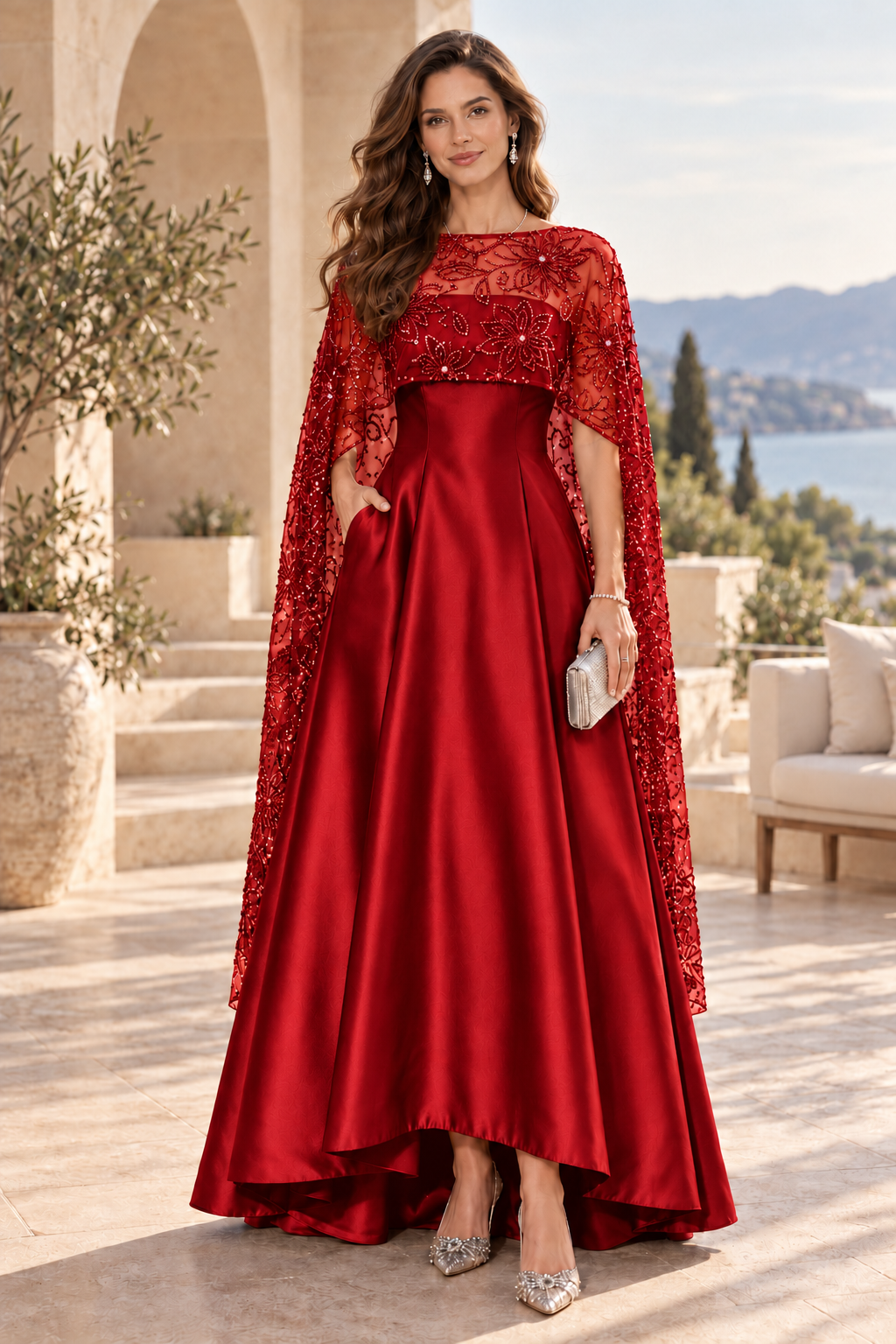 A-Line High-Low Gown with Floral Sequin Cape