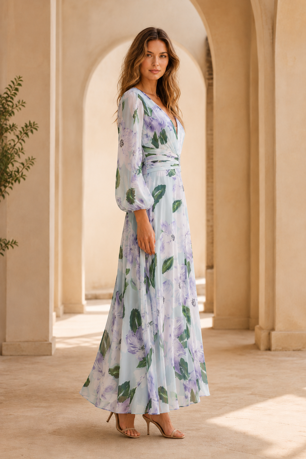 Maxikleid mit Blumenmuster, V-Ausschnitt und langen Ärmeln