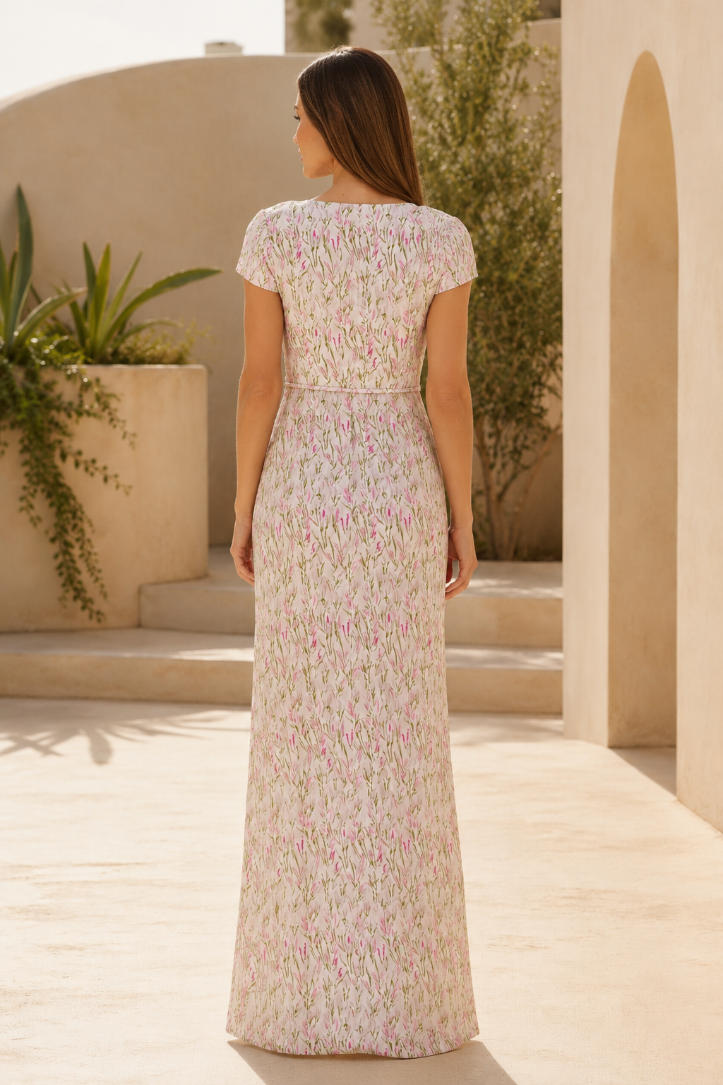Maxikleid mit Blumenmuster, Herzausschnitt und Kappenärmeln