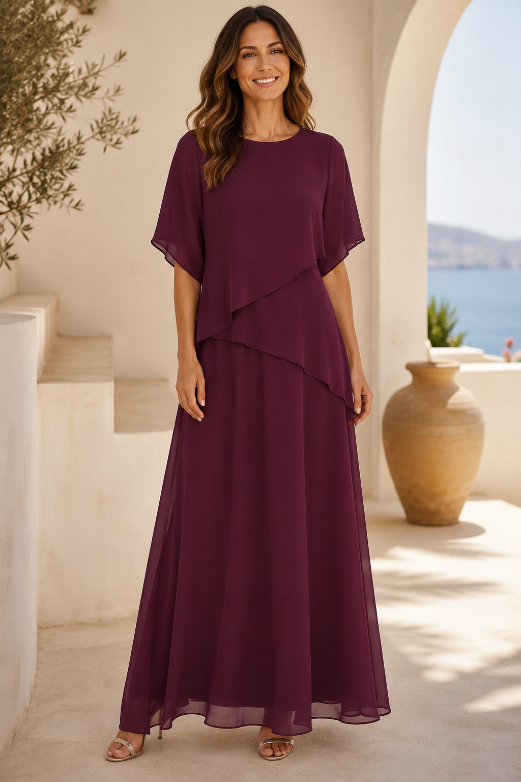 Gestuftes Chiffon-Maxikleid mit Flatterärmeln