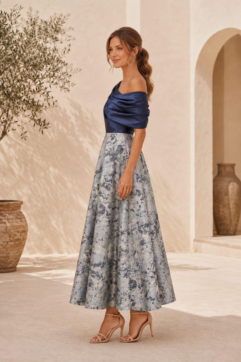 Ein-Schulter-Satin-Oberteil mit Metallic-Jacquard-Rock