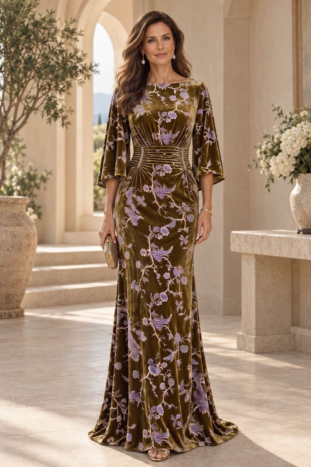 Floral Velvet Bell Sleeve Gown with Ruched Waist